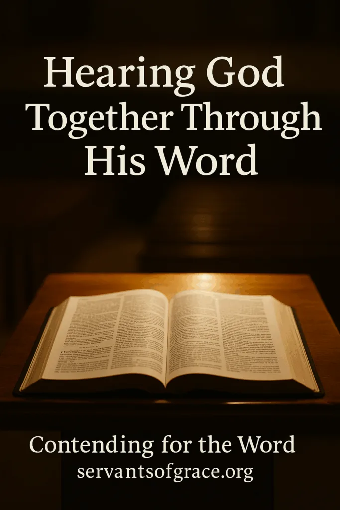 An open Bible illuminated by warm light on a wooden pulpit inside a dimly lit church, with the words ‘Hearing God Together Through His Word’ above and ‘Contending for the Word | servantsofgrace.org’ below, symbolizing God speaking through Scripture in gathered worship.