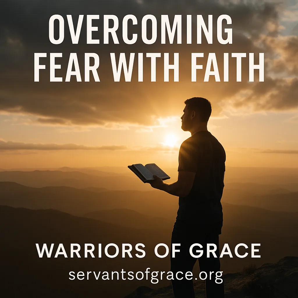 A Christian man standing on a mountaintop at sunrise holding a Bible, symbolizing overcoming fear through faith in God’s strength.