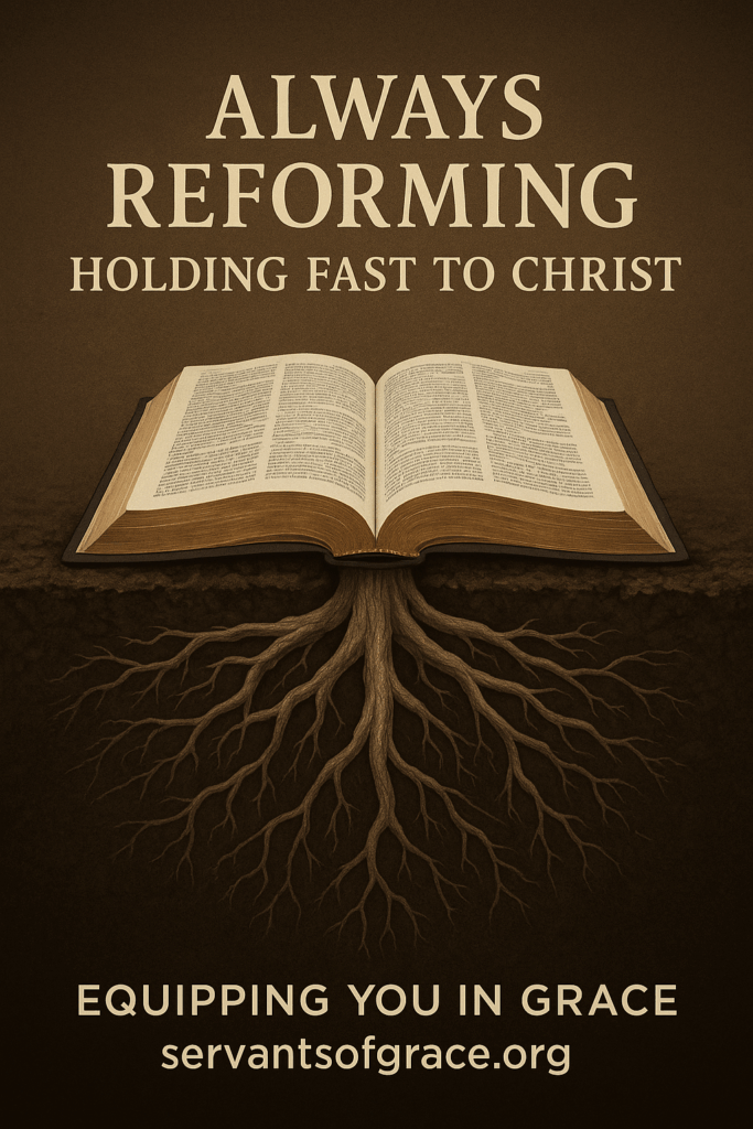 Always Reforming: Holding Fast to Christ 1 An open Bible with roots spreading into firm soil, symbolizing believers rooted and built up in Christ.