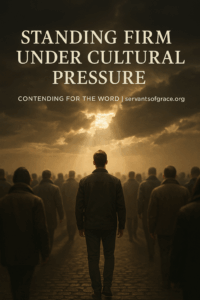 A believer stands firm as light breaks through the clouds, symbolizing courage and reverence for God in a compromising world.