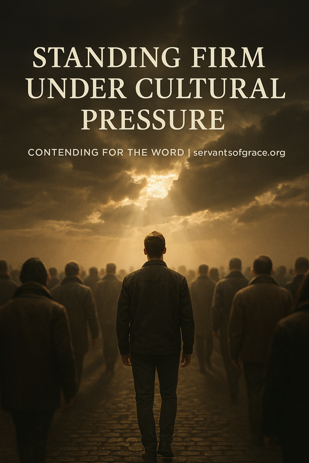 A believer stands firm as light breaks through the clouds, symbolizing courage and reverence for God in a compromising world.