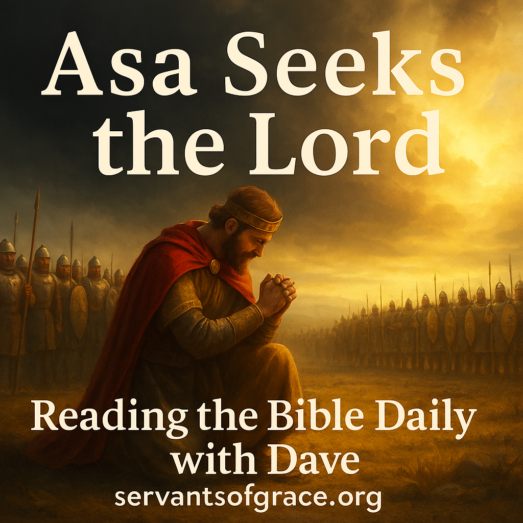 King Asa kneels before his army under radiant light, symbolizing the blessing and victory that come from seeking the Lord.