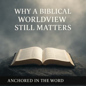 An open Bible on solid rock illuminated through fog, symbolizing clarity and steadfast faith in a confused world.