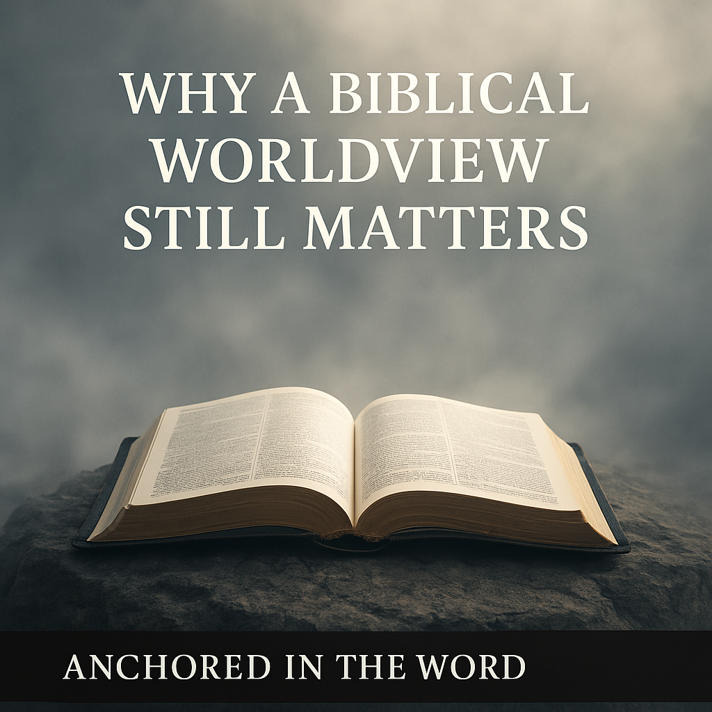 An open Bible on solid rock illuminated through fog, symbolizing clarity and steadfast faith in a confused world.