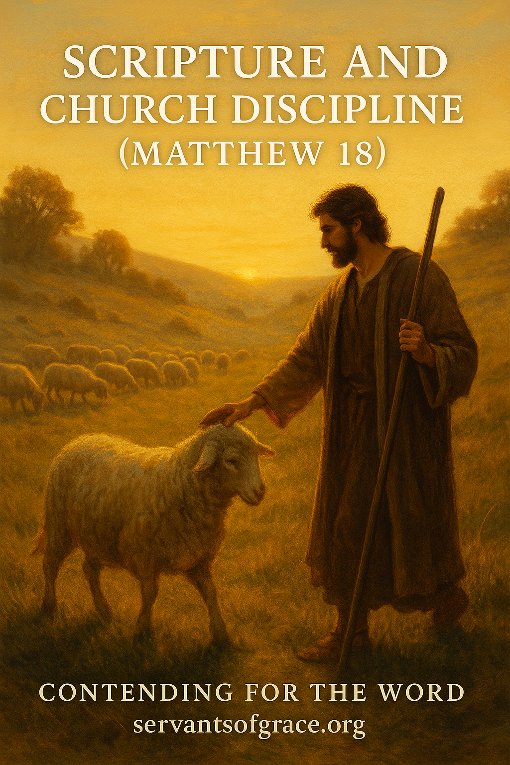 Pastoral scene of a shepherd guiding a wandering sheep back to the flock in golden light, symbolizing biblical discipline as loving restoration and care.