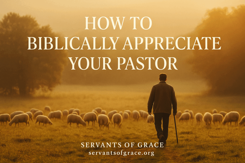 A shepherd walking among his flock in warm golden morning light, symbolizing faithful pastoral care, Christlike leadership, and biblical appreciation for pastors.