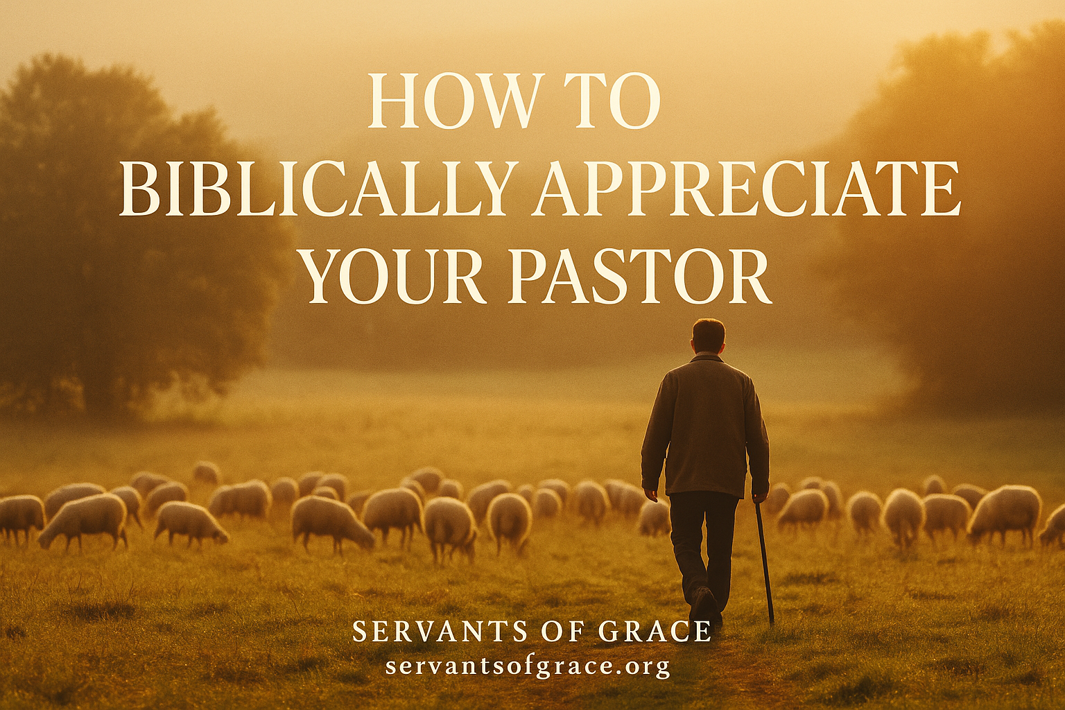 A shepherd walking among his flock in warm golden morning light, symbolizing faithful pastoral care, Christlike leadership, and biblical appreciation for pastors.