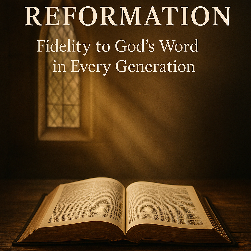 Warm light shining through a cathedral window onto an open Bible, symbolizing the rediscovery of God’s Word during the Reformation.