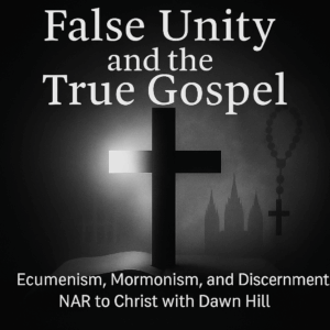A cross divided between light and shadow, one side glowing with white light and the other fading into gray fog with faint religious symbols like a rosary and LDS temple in the background, symbolizing the contrast between biblical truth and false unity in modern ecumenism.