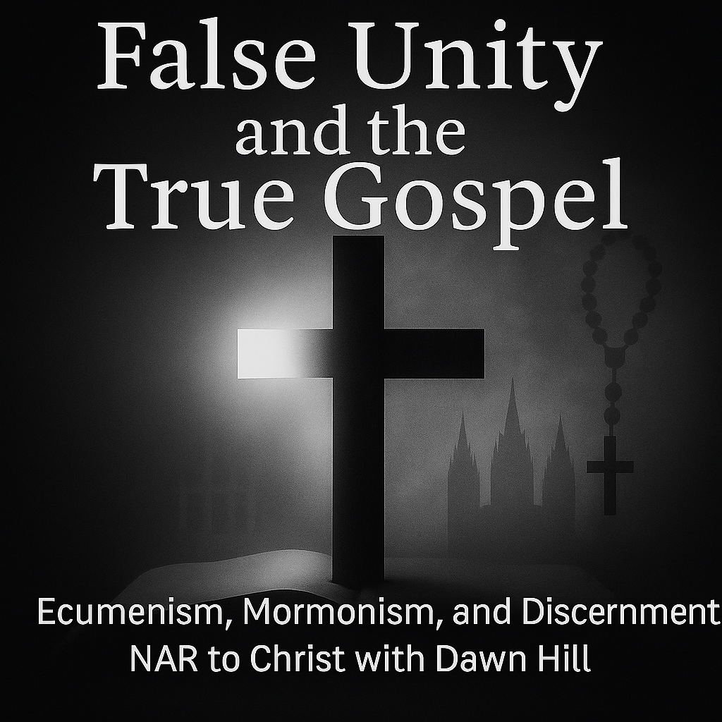 A cross divided between light and shadow, one side glowing with white light and the other fading into gray fog with faint religious symbols like a rosary and LDS temple in the background, symbolizing the contrast between biblical truth and false unity in modern ecumenism.