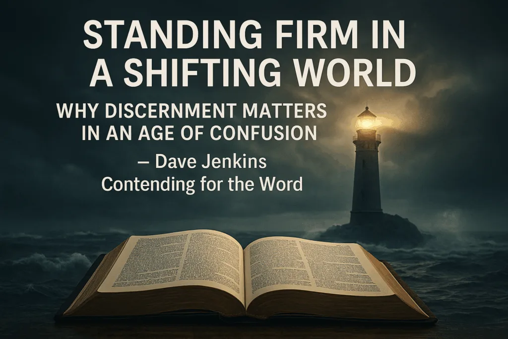 Lighthouse shining through stormy waves with an open Bible in the foreground, symbolizing God’s Word guiding believers to stand firm in a world of confusion.
