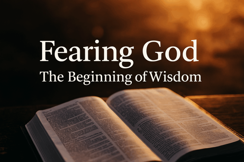 The Fear of the Lord: Why Reverence for God Is the Beginning of Wisdom 3 Open Bible illuminated by warm morning light on a wooden table, with the title “Fearing God: The Beginning of Wisdom” overlaid in elegant serif font, symbolizing reverent awe and divine wisdom.