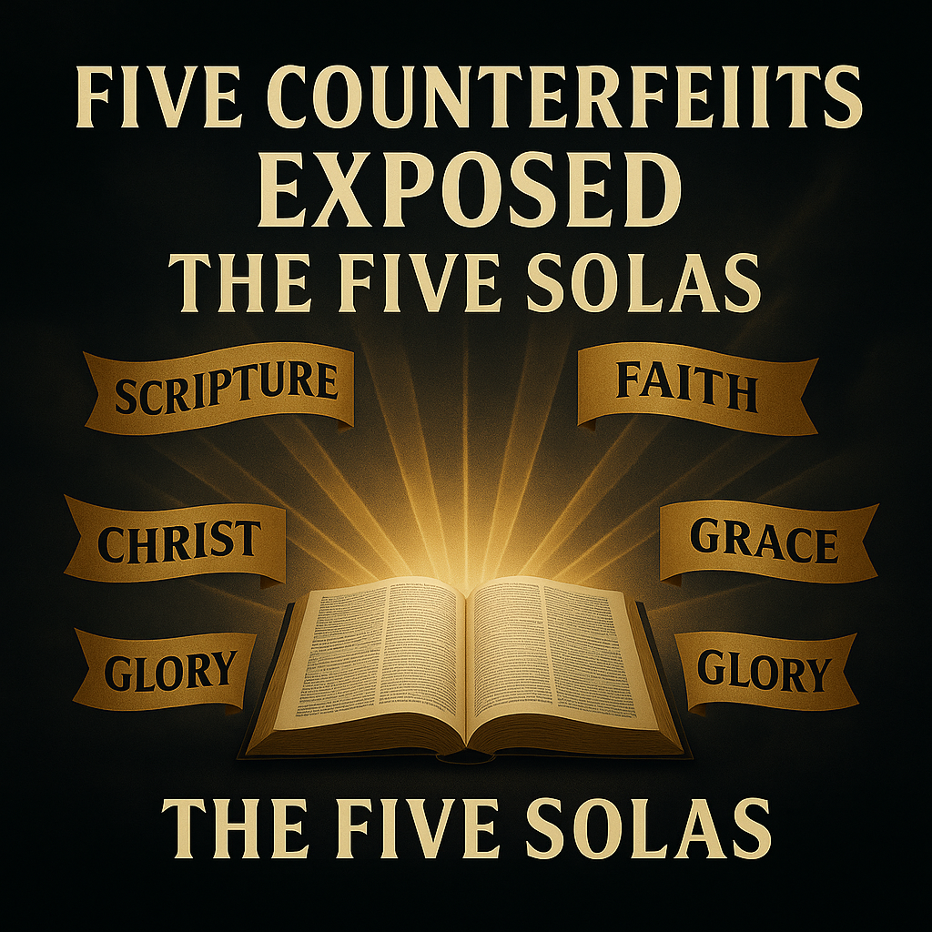 An open Bible shining with five banners of the Solas, exposing the darkness of counterfeit gospels.