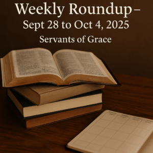 Open Bible on theology books with planner, and Weekly Roundup title text above