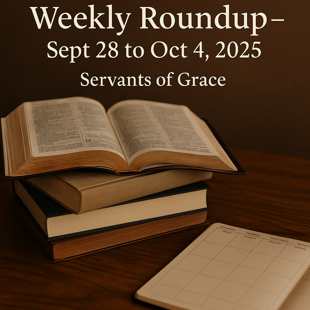 Open Bible on theology books with planner, and Weekly Roundup title text above