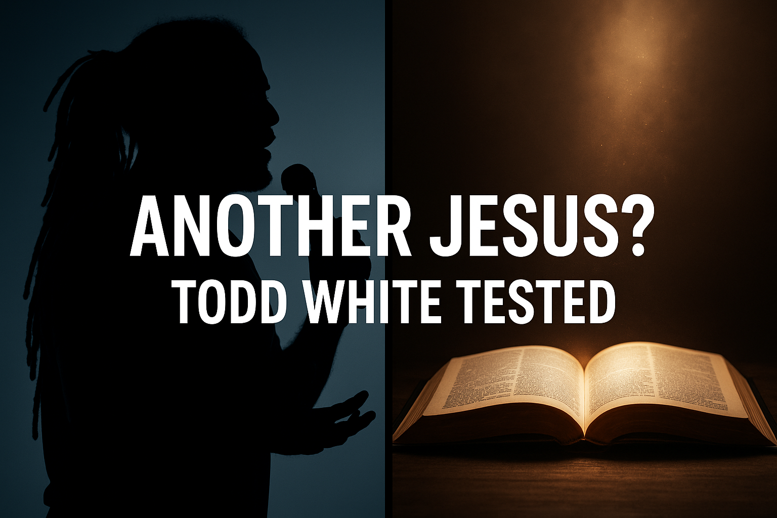 Split-screen image with Todd White preaching on one side and an open Bible glowing on the other, symbolizing biblical testing of his teaching.