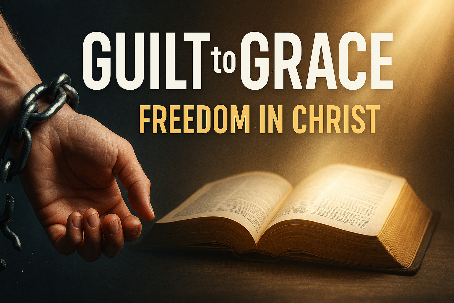 Broken chains falling away beside an open Bible with light, symbolizing freedom from condemnation through Christ.