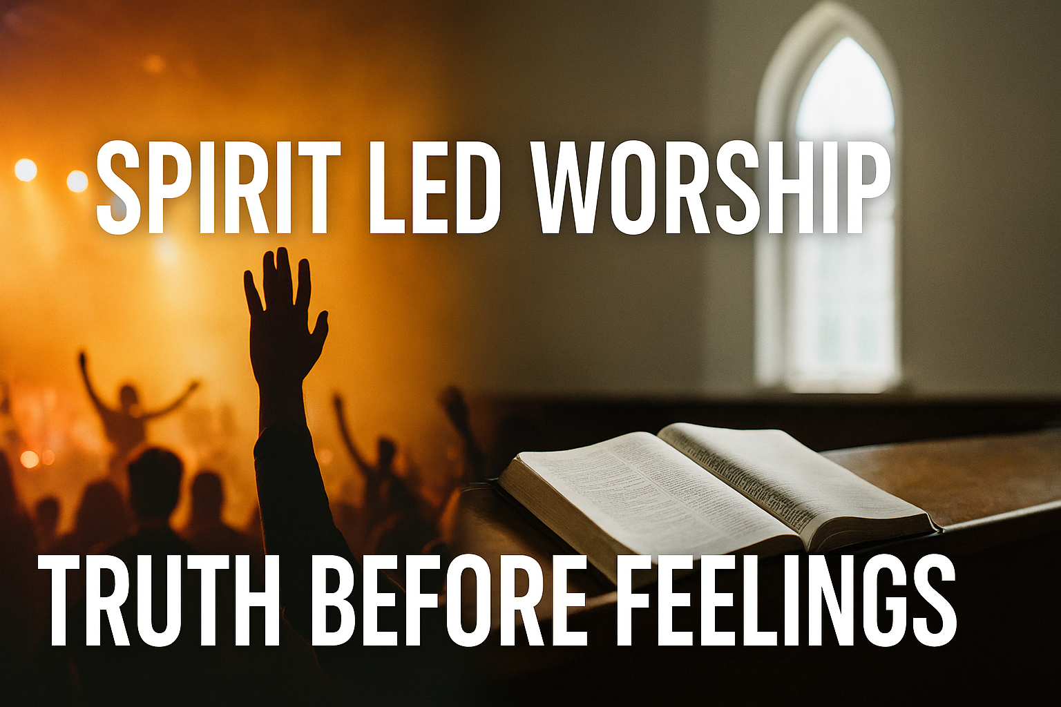 Contrast of concert atmosphere and an open Bible in daylight, emphasizing worship shaped by Scripture rather than hype.