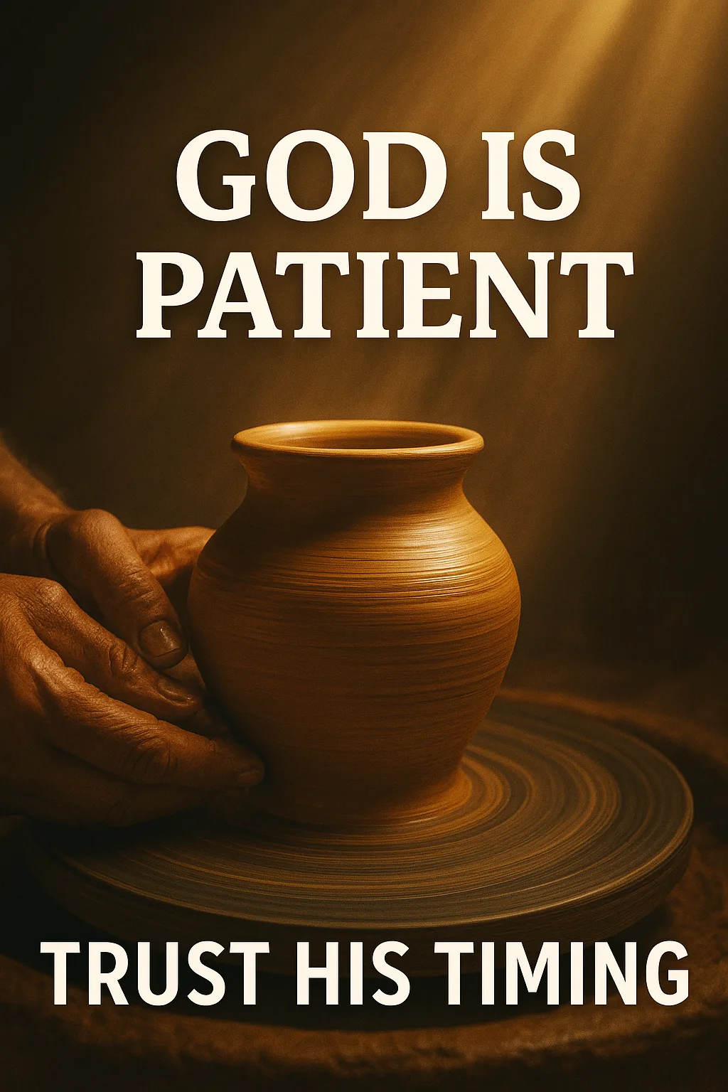 A glowing clay pot being shaped by a potter’s hands, symbolizing God’s patience in molding our lives according to His perfect timing.