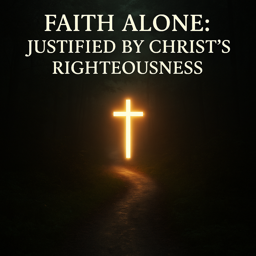 A glowing cross lighting a narrow path, symbolizing faith as the way to righteousness.