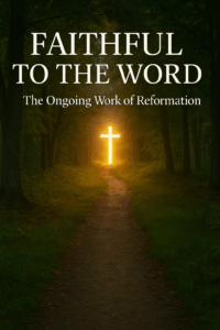 A narrow path leading toward a glowing cross, symbolizing continual reformation by God’s Word.