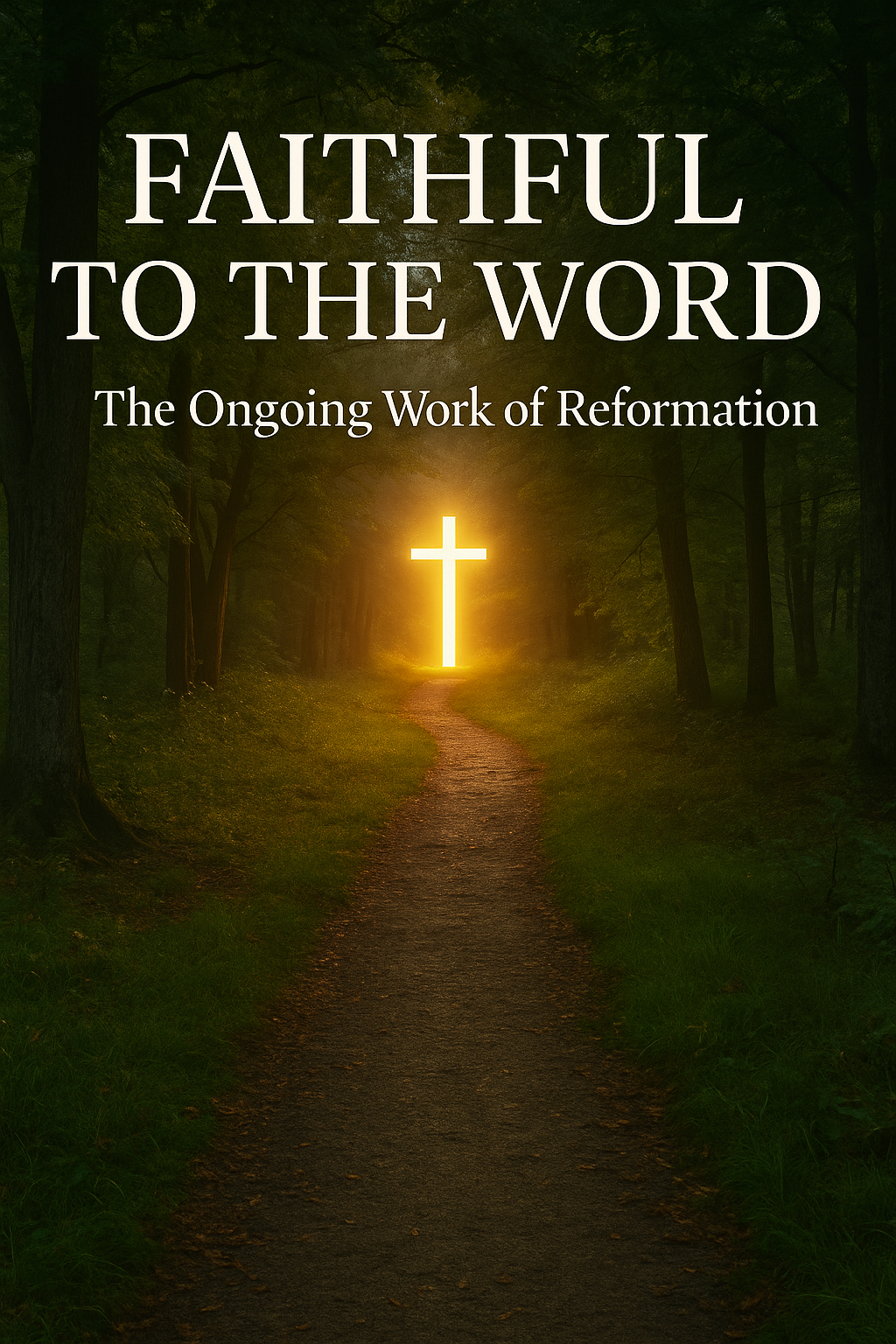 A narrow path leading toward a glowing cross, symbolizing continual reformation by God’s Word.