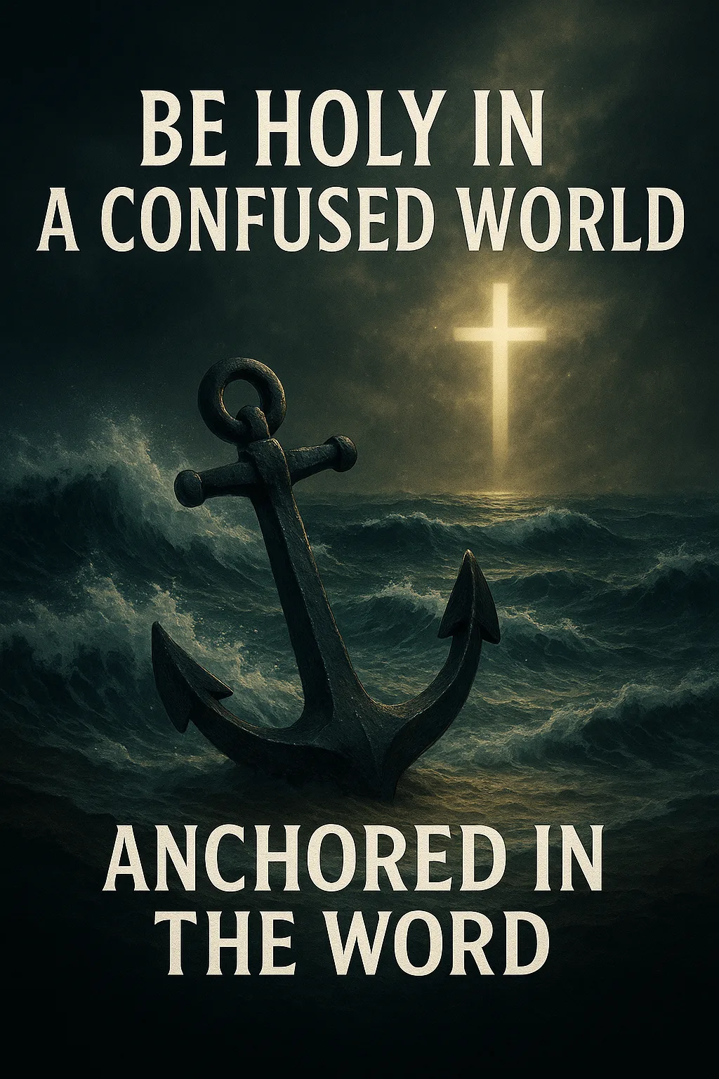 An anchor beneath stormy waves with a cross shining in the distance, symbolizing holiness and stability in a confused world.