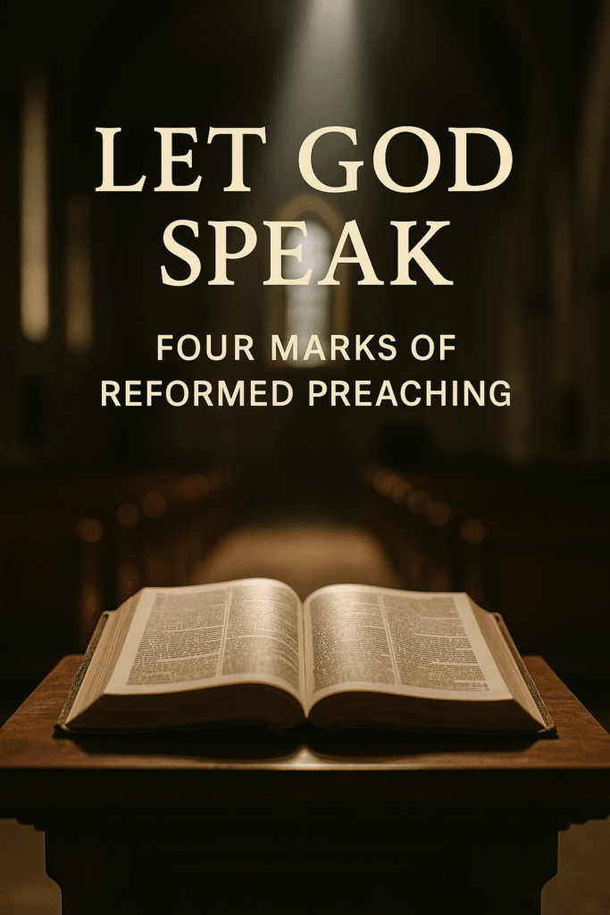 An open Bible resting on a wooden pulpit in a historic church, illuminated by a beam of light, with the words ‘Let God Speak – Four Marks of Reformed Preaching’ overlayed above.