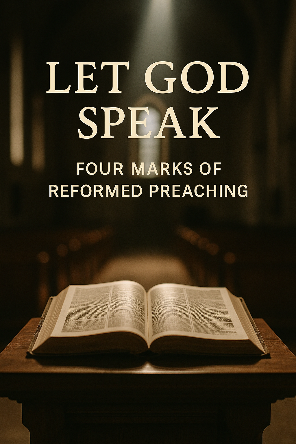 An open Bible resting on a wooden pulpit in a historic church, illuminated by a beam of light, with the words ‘Let God Speak – Four Marks of Reformed Preaching’ overlayed above.