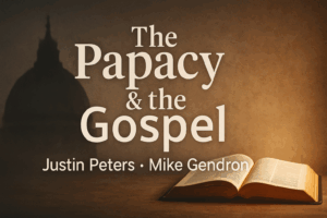 Open Bible lit warmly beside a faint silhouette of St. Peter’s dome, representing Scripture tested against claims about the papacy.