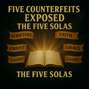 An open Bible shining with five banners of the Solas, exposing the darkness of counterfeit gospels.