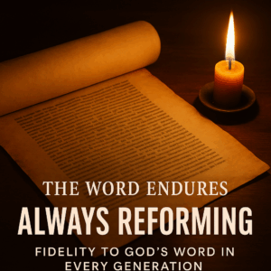An unrolled scroll beside a steady flame, symbolizing the enduring, unquenchable truth of God’s Word.