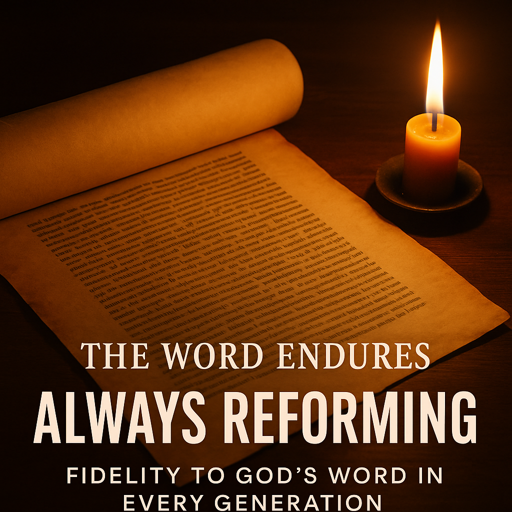 An unrolled scroll beside a steady flame, symbolizing the enduring, unquenchable truth of God’s Word.