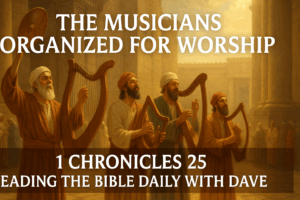 Temple musicians playing harps and cymbals in golden light, symbolizing orderly, God-centered worship.