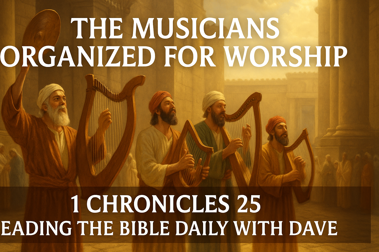 Temple musicians playing harps and cymbals in golden light, symbolizing orderly, God-centered worship.