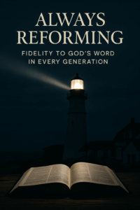 An open Bible illuminated by warm light on a wooden table with a lighthouse shining brightly in the background under a dark sky. The image includes the title text ‘Always Reforming: Fidelity to God’s Word in Every Generation,’ symbolizing Scripture as the steadfast guiding light for all generations.