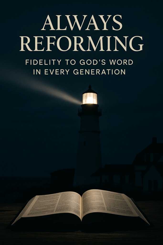 An open Bible illuminated by warm light on a wooden table with a lighthouse shining brightly in the background under a dark sky. The image includes the title text ‘Always Reforming: Fidelity to God’s Word in Every Generation,’ symbolizing Scripture as the steadfast guiding light for all generations.