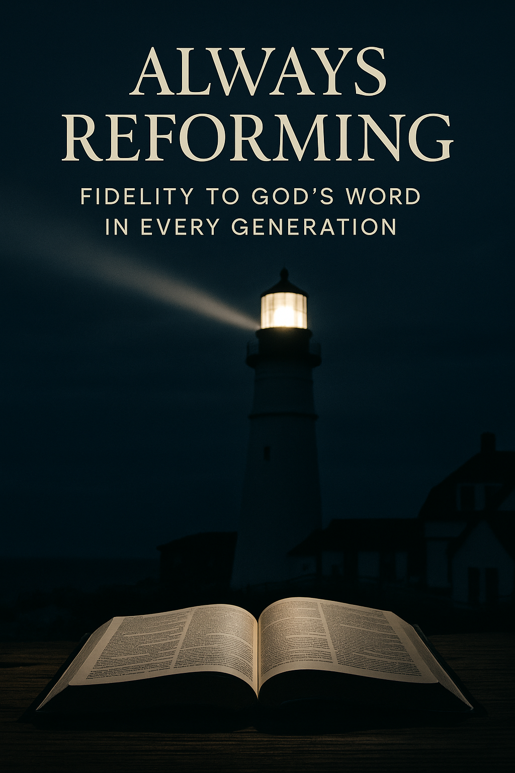 An open Bible illuminated by warm light on a wooden table with a lighthouse shining brightly in the background under a dark sky. The image includes the title text ‘Always Reforming: Fidelity to God’s Word in Every Generation,’ symbolizing Scripture as the steadfast guiding light for all generations.
