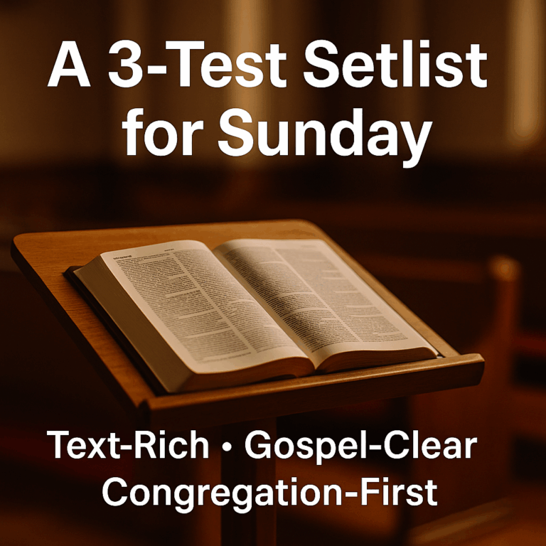 An open Bible on a wooden music stand illuminated by morning light, representing Scripture guiding worship.