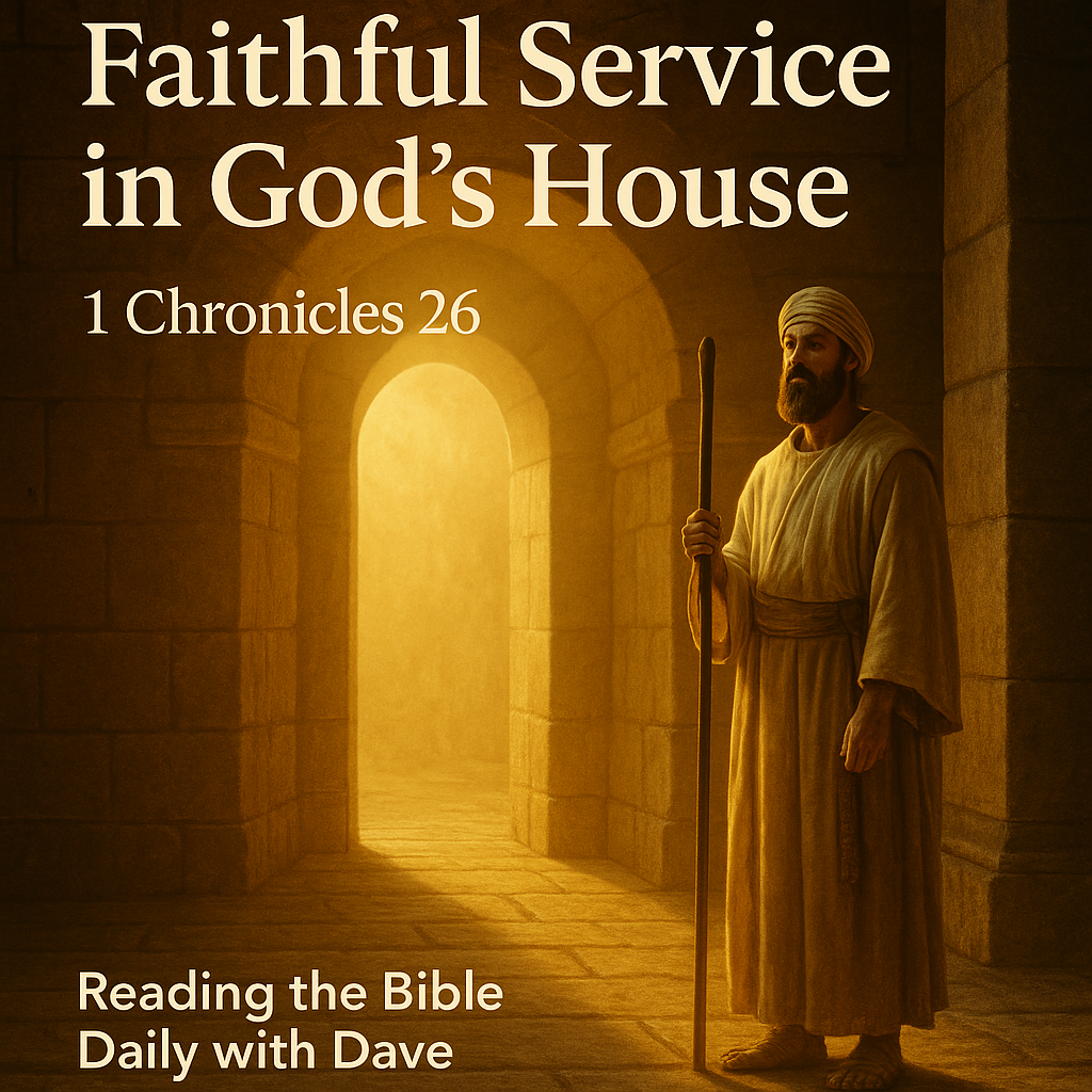 A Levite gatekeeper standing at the temple entrance with sunlight streaming through, symbolizing faithful service and stewardship in God’s house.