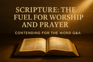 Golden sunlight illuminating an open Bible on a wooden table, symbolizing how God’s Word fuels worship and prayer