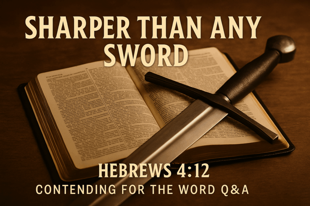 An open Bible with a sword resting across it, symbolizing the convicting and powerful truth of God’s Word.