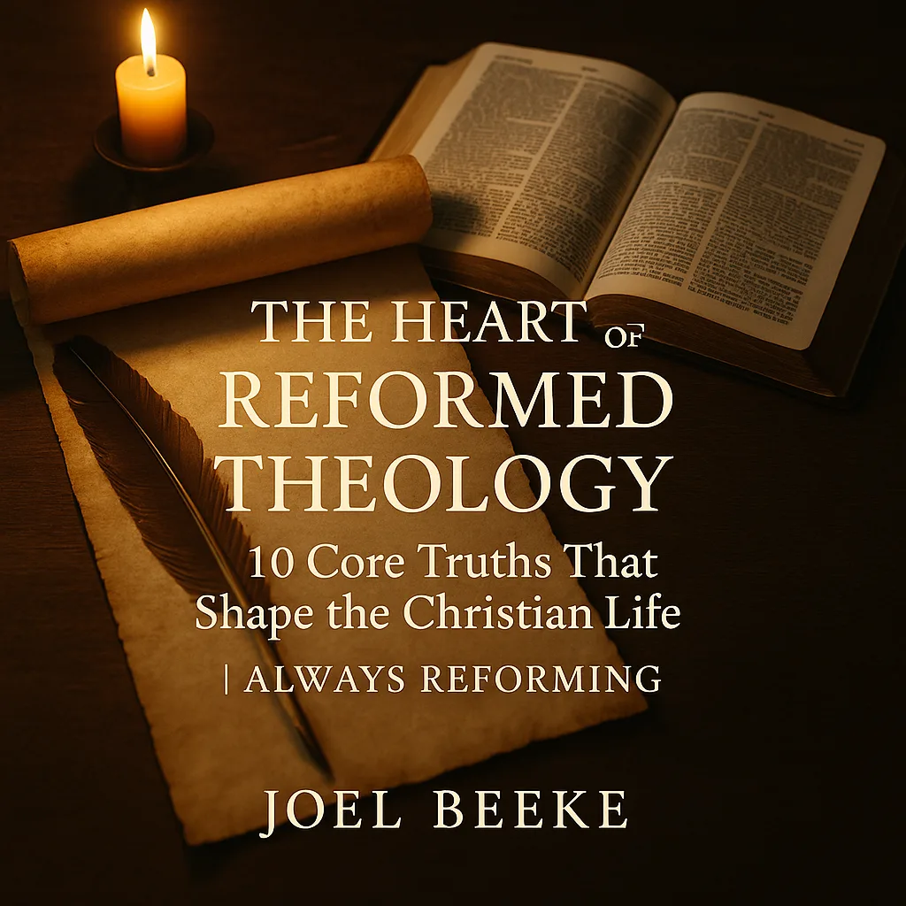 An open Bible resting beside a parchment scroll and quill pen, softly lit by candlelight, symbolizing the timeless truth and scholarly depth of Reformed theology during the Reformation era.