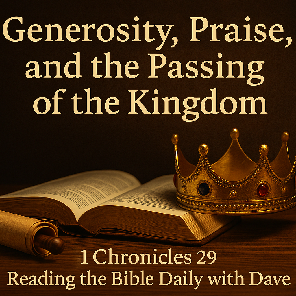 A golden crown rests beside an open Bible and a parchment scroll under warm golden light, symbolizing David’s legacy, Solomon’s reign, and the enduring kingdom of God. Text reads: ‘Generosity, Praise, and the Passing of the Kingdom – 1 Chronicles 29 | Reading the Bible Daily with Dave.