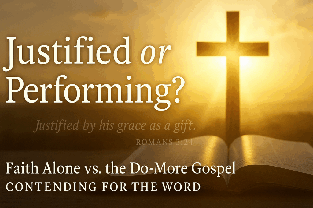 An open Bible before a wooden cross glowing in morning light, symbolizing justification by faith alone through Christ’s finished work rather than performance.