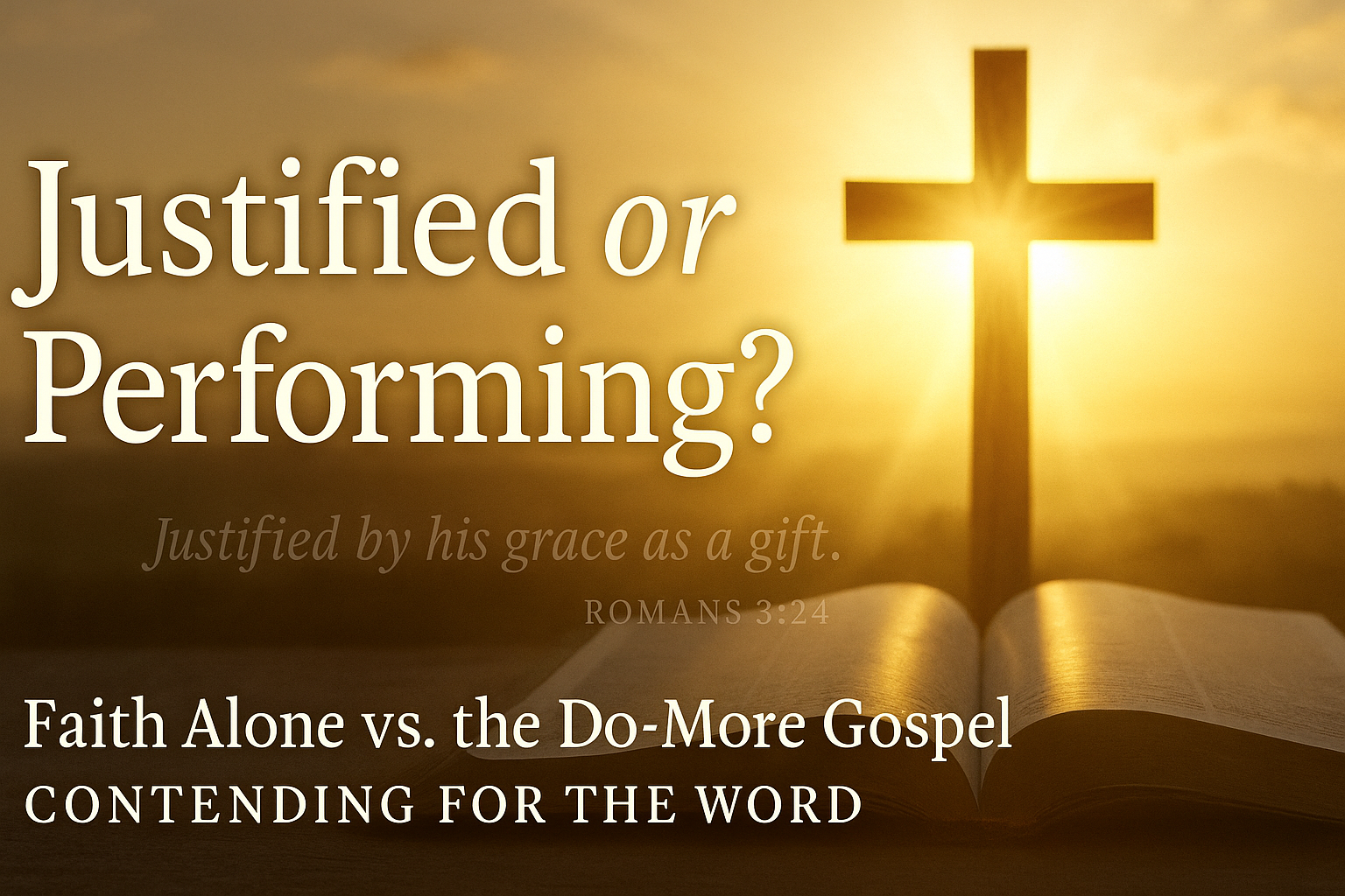 An open Bible before a wooden cross glowing in morning light, symbolizing justification by faith alone through Christ’s finished work rather than performance.
