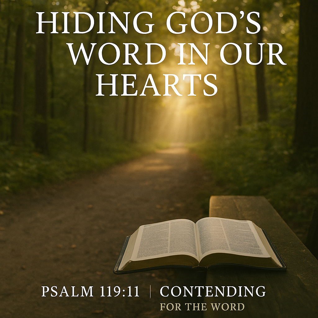 An open Bible resting on a bench along a sunlit forest path, representing walking daily with God’s Word hidden in the heart.