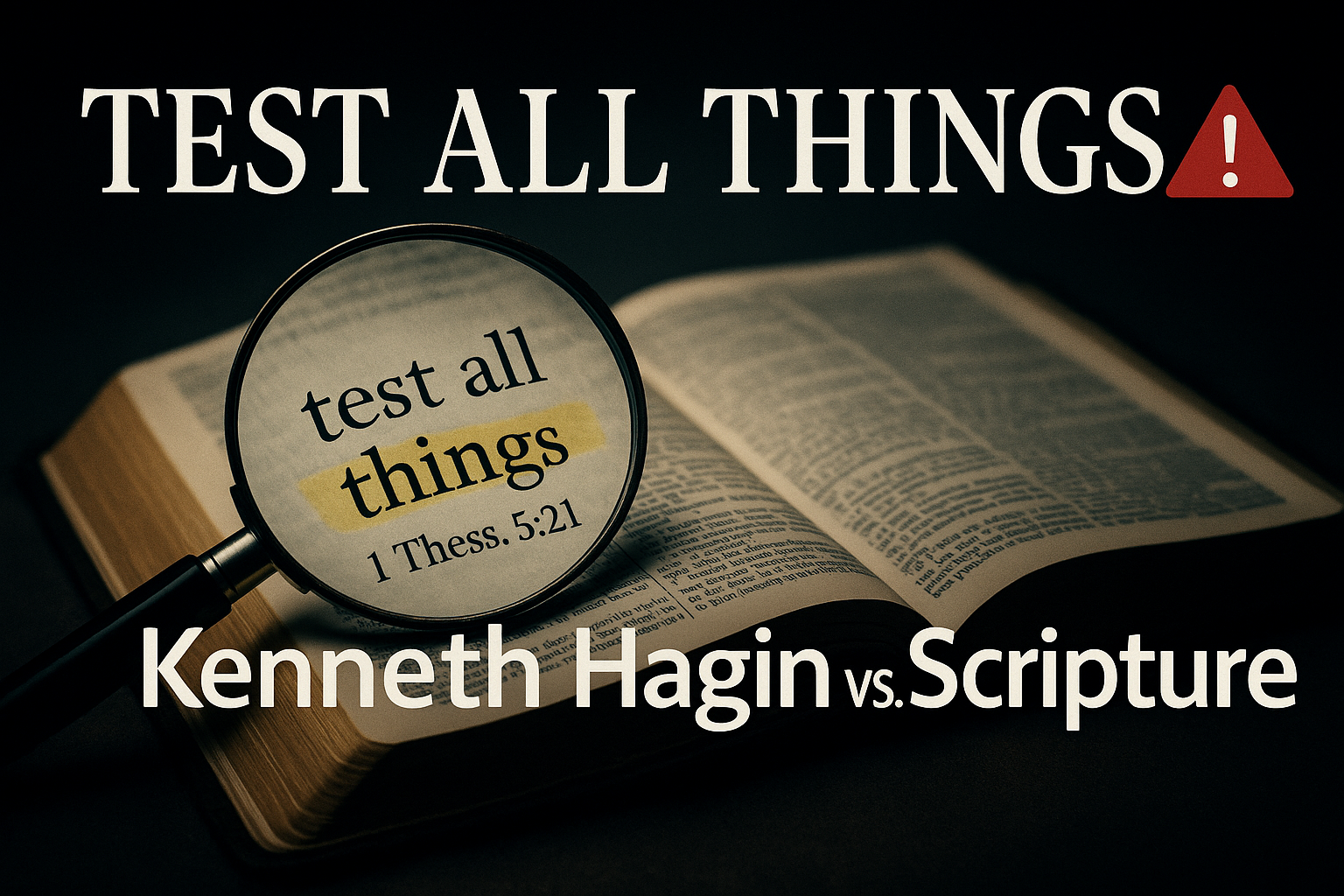 An open Bible with a magnifying glass highlighting the phrase “test all things” from 1 Thessalonians 5:21. Bold white overlay text reads “Test All Things” with a red warning triangle, and below in sans serif font, “Kenneth Hagin vs. Scripture,” symbolizing biblical discernment and evaluation of Word of Faith teachings.