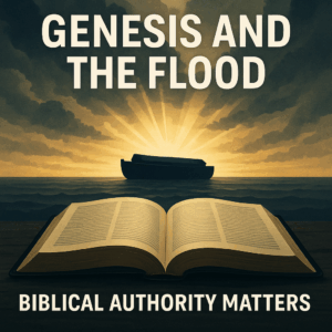 An open Bible with an ark silhouette under breaking light, symbolizing Genesis, the global Flood, and trust in God’s Word