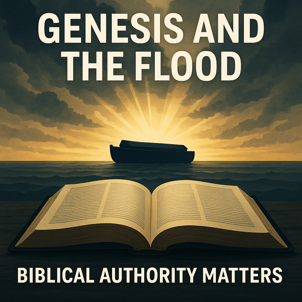 An open Bible with an ark silhouette under breaking light, symbolizing Genesis, the global Flood, and trust in God’s Word
